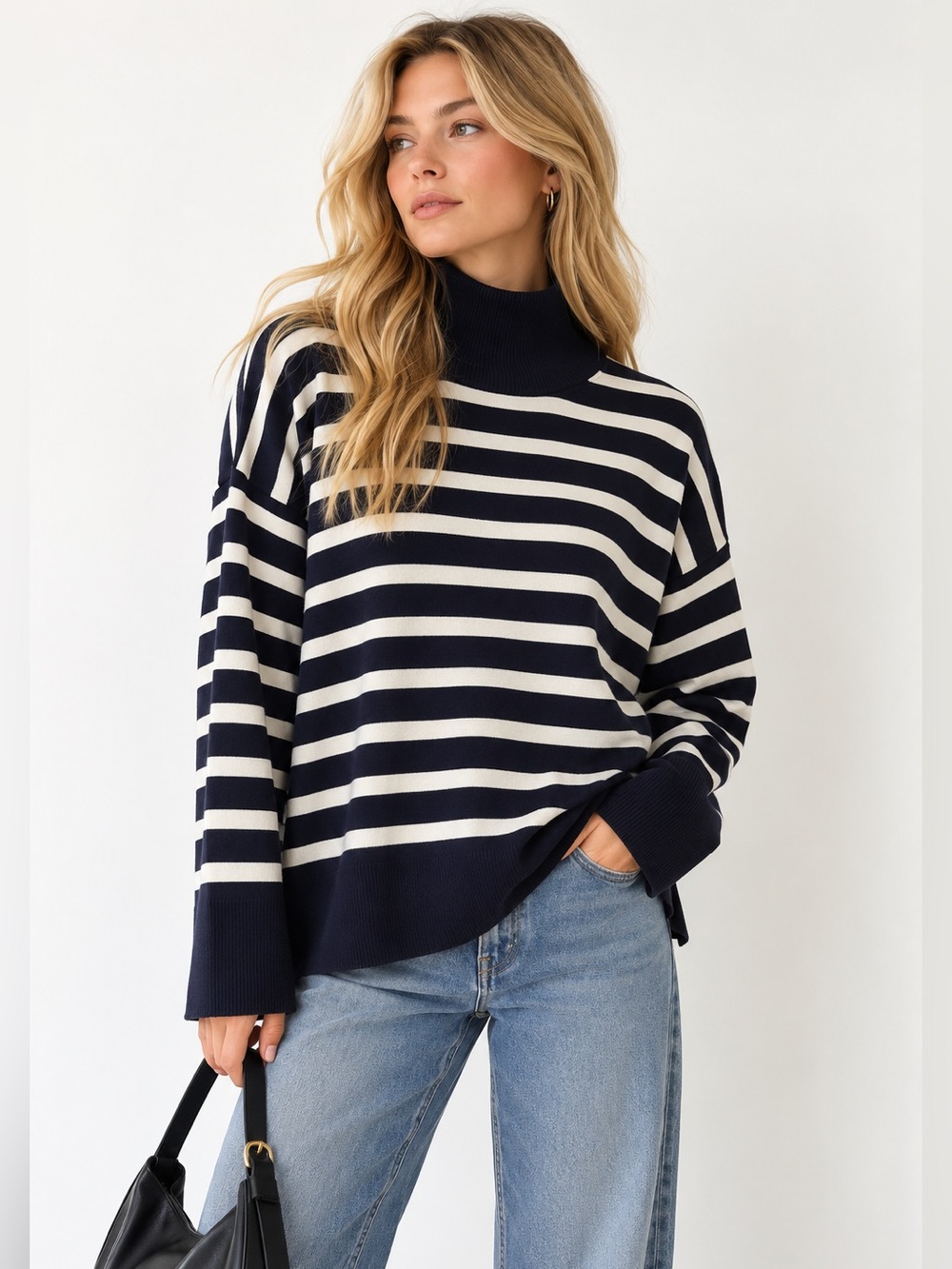 Babaton Weekday Turtleneck Sweater L Navy Striped Aritzia